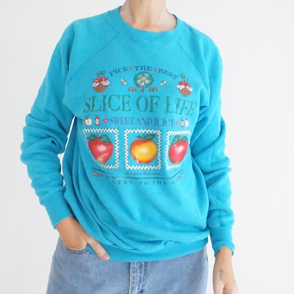 Vintage Teal Apple Cherry Orchard Fruit Basket Garden Party Sweatshirt XL